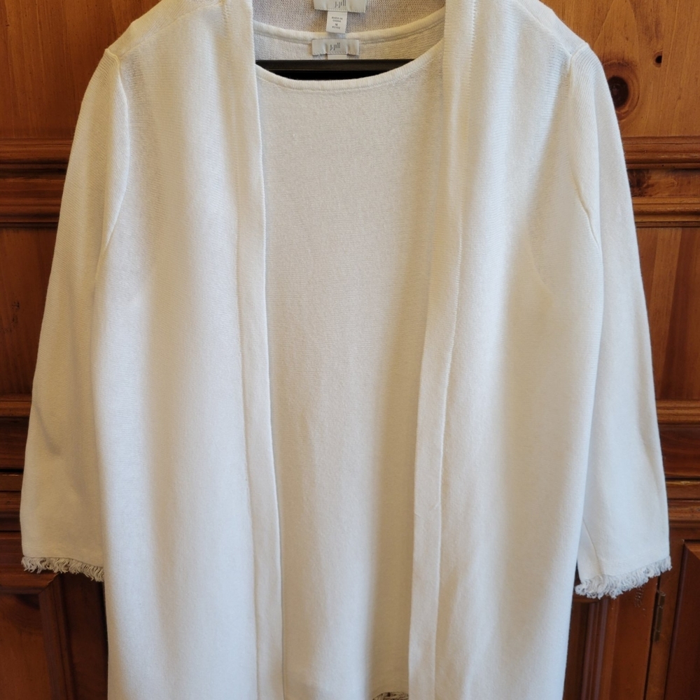 J Jill M Petite White Fringed Long Sleeve Summer Cardigan and Tank